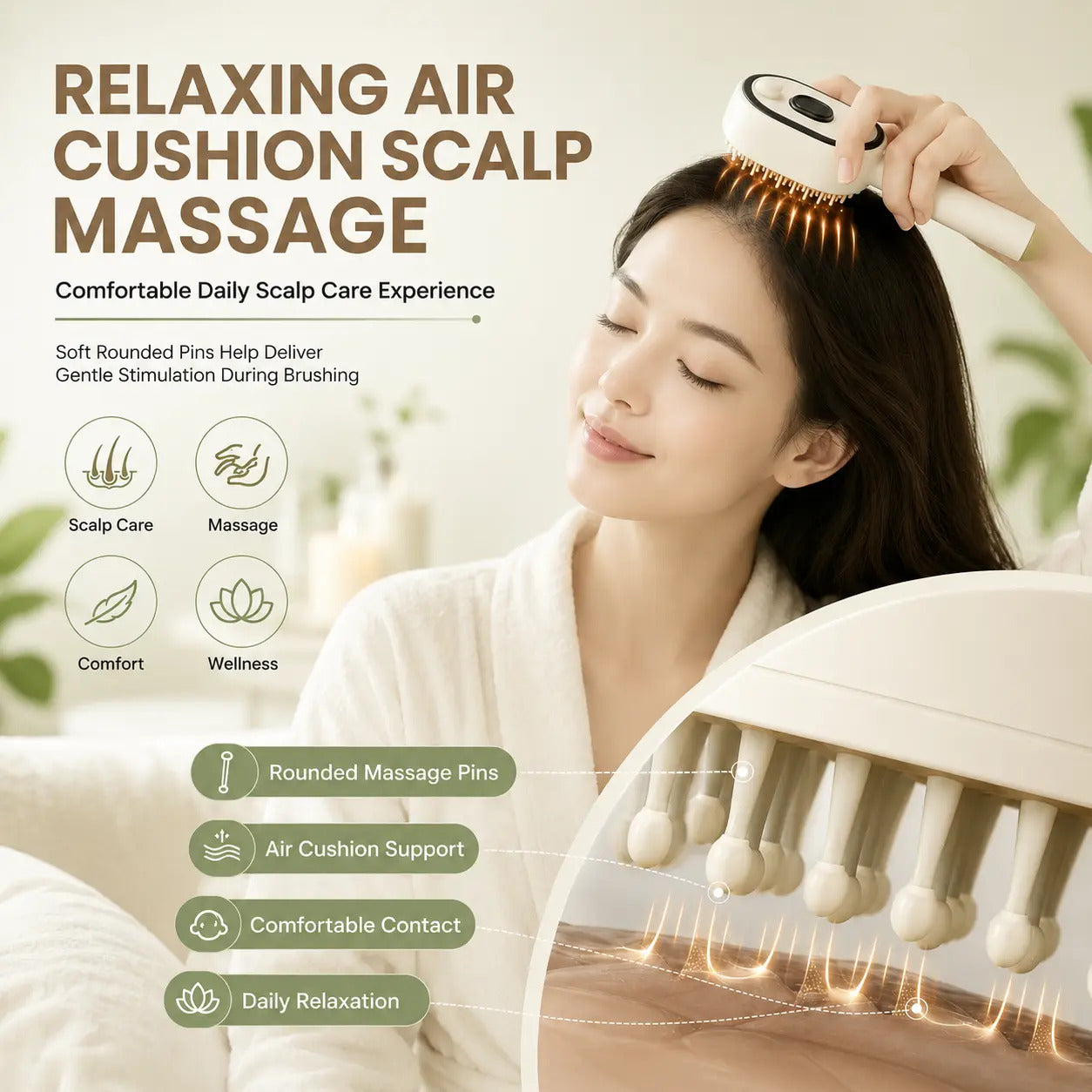Woman using 3-in-1 Scalp Spa Comb for relaxing air cushion scalp massage with rounded pins