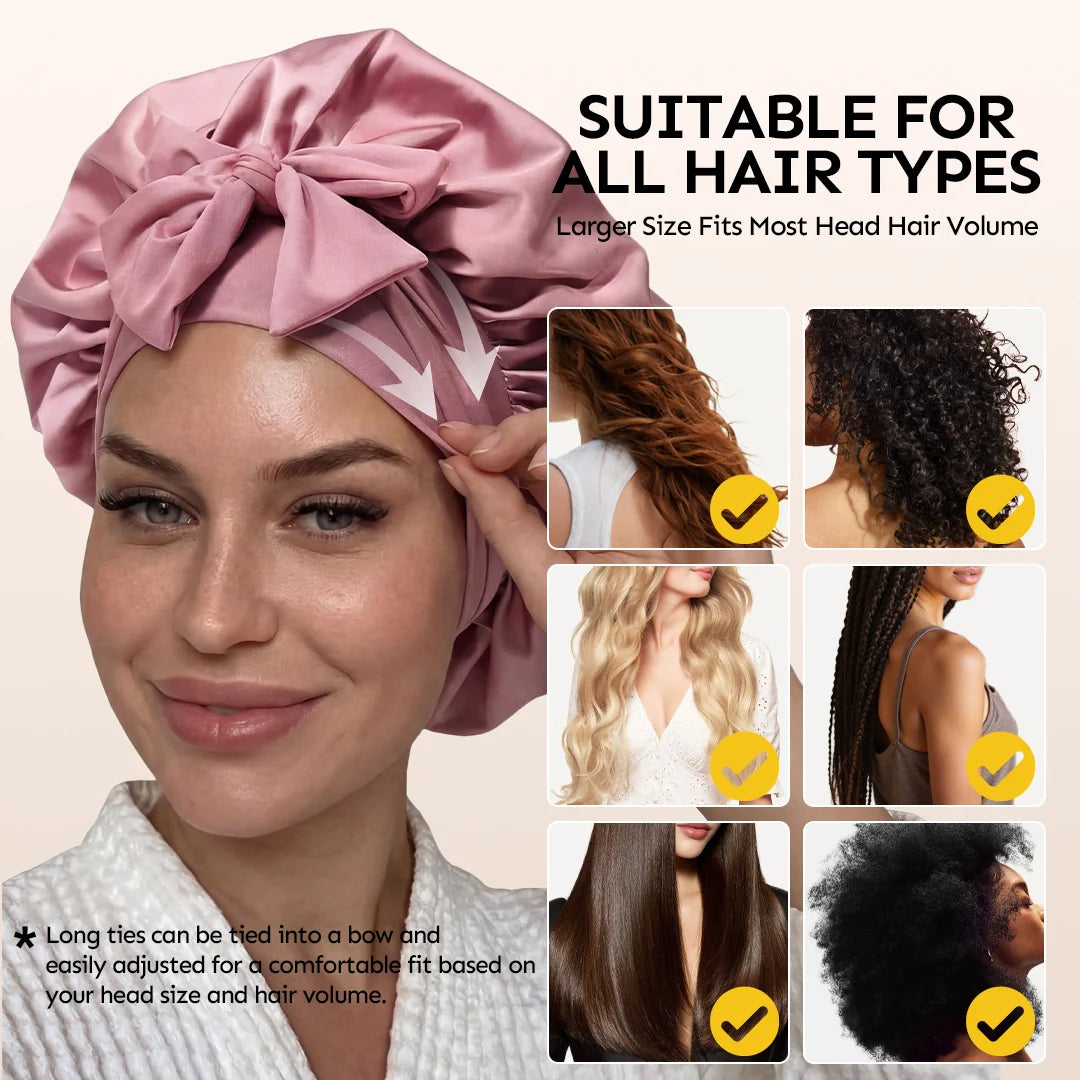 Lovocross Satin Sleep Hair Bonnet – Adjustable Bow Tie, Wide Brim, All Hair Types