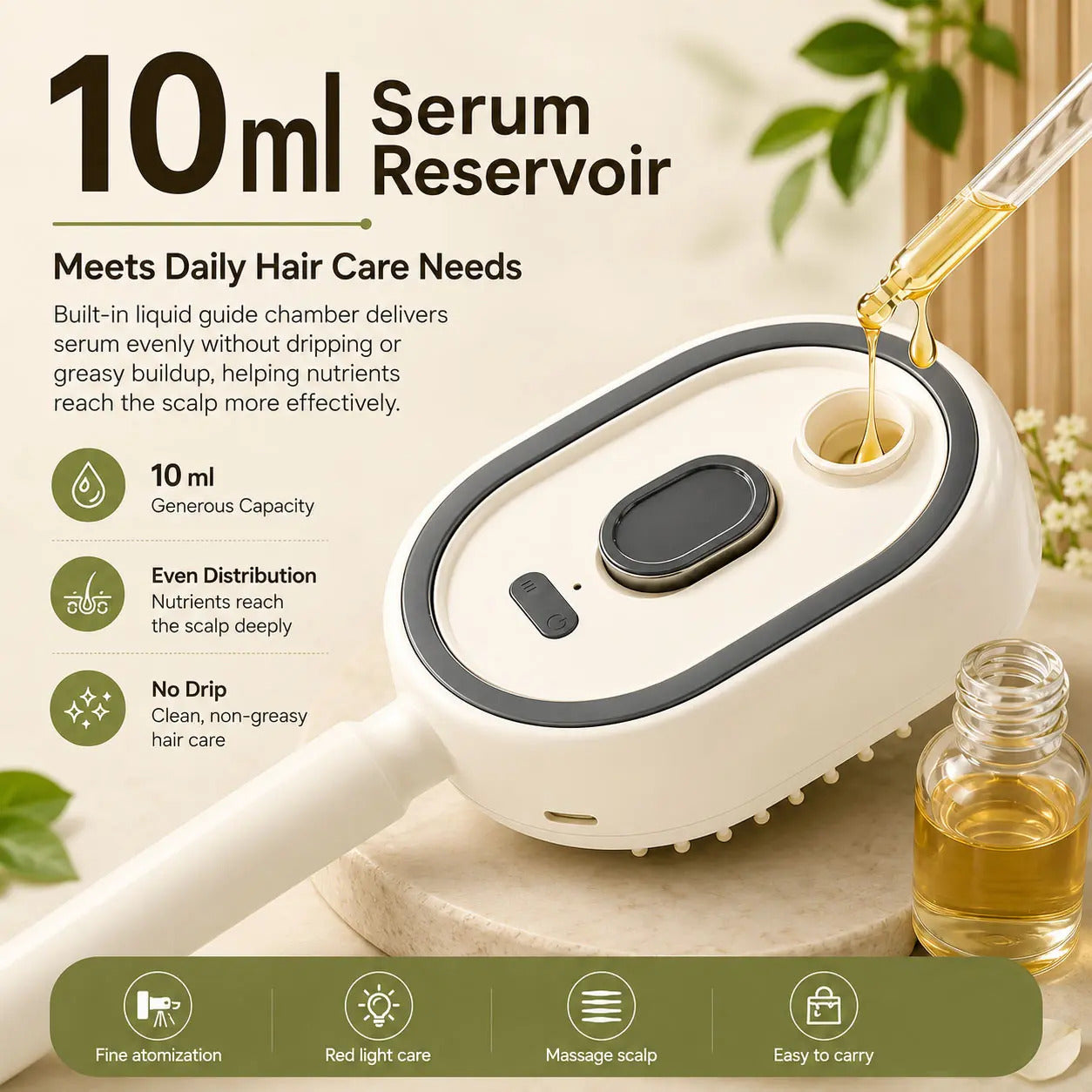 3-in-1 Scalp Spa Comb - 10ml serum reservoir with even distribution, no drip, for daily hair care