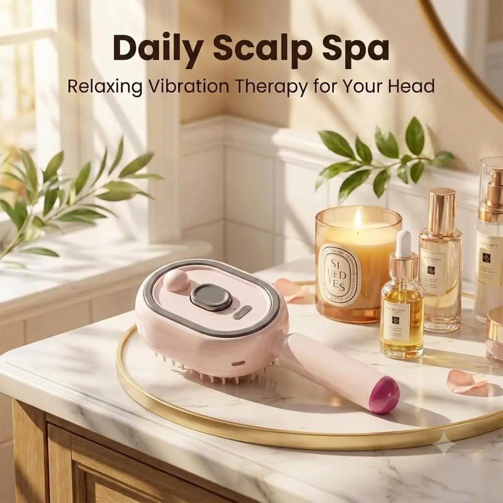 3-in-1 Scalp Spa Comb in pink on marble vanity - daily scalp spa relaxing vibration therapy
