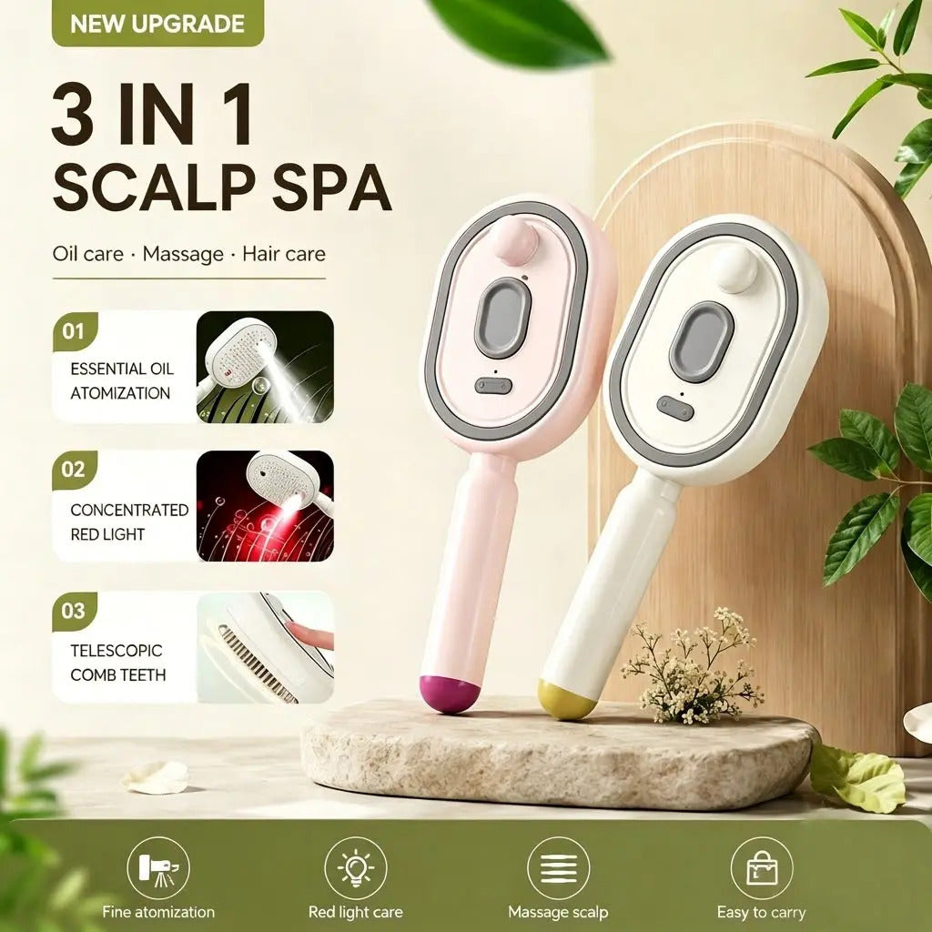 3-in-1 Scalp Spa Comb in pink and white - essential oil atomization, red light and telescopic comb teeth