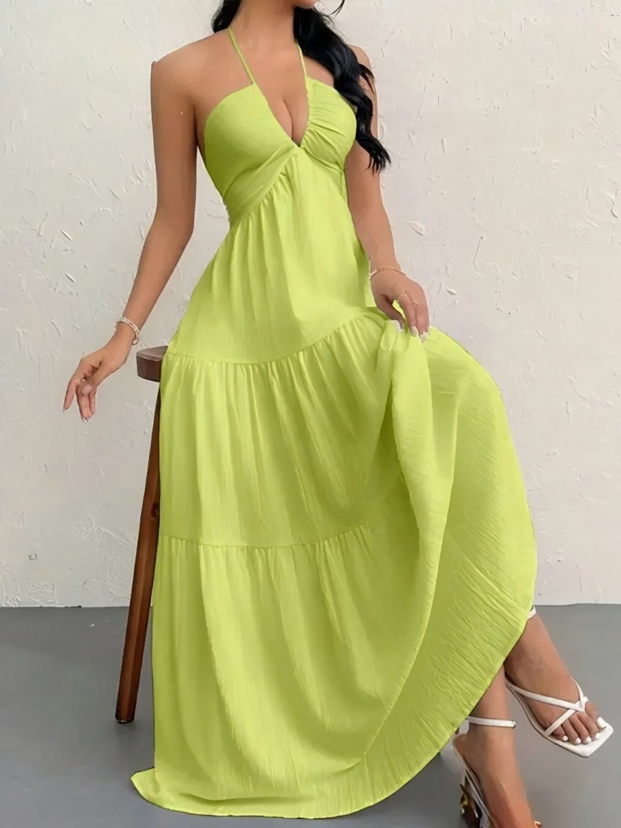 Backless Halterneck V - Neck Pleated A Line Dress Ankle - length Skirt For Beach Vacation Outfits - LUNA
