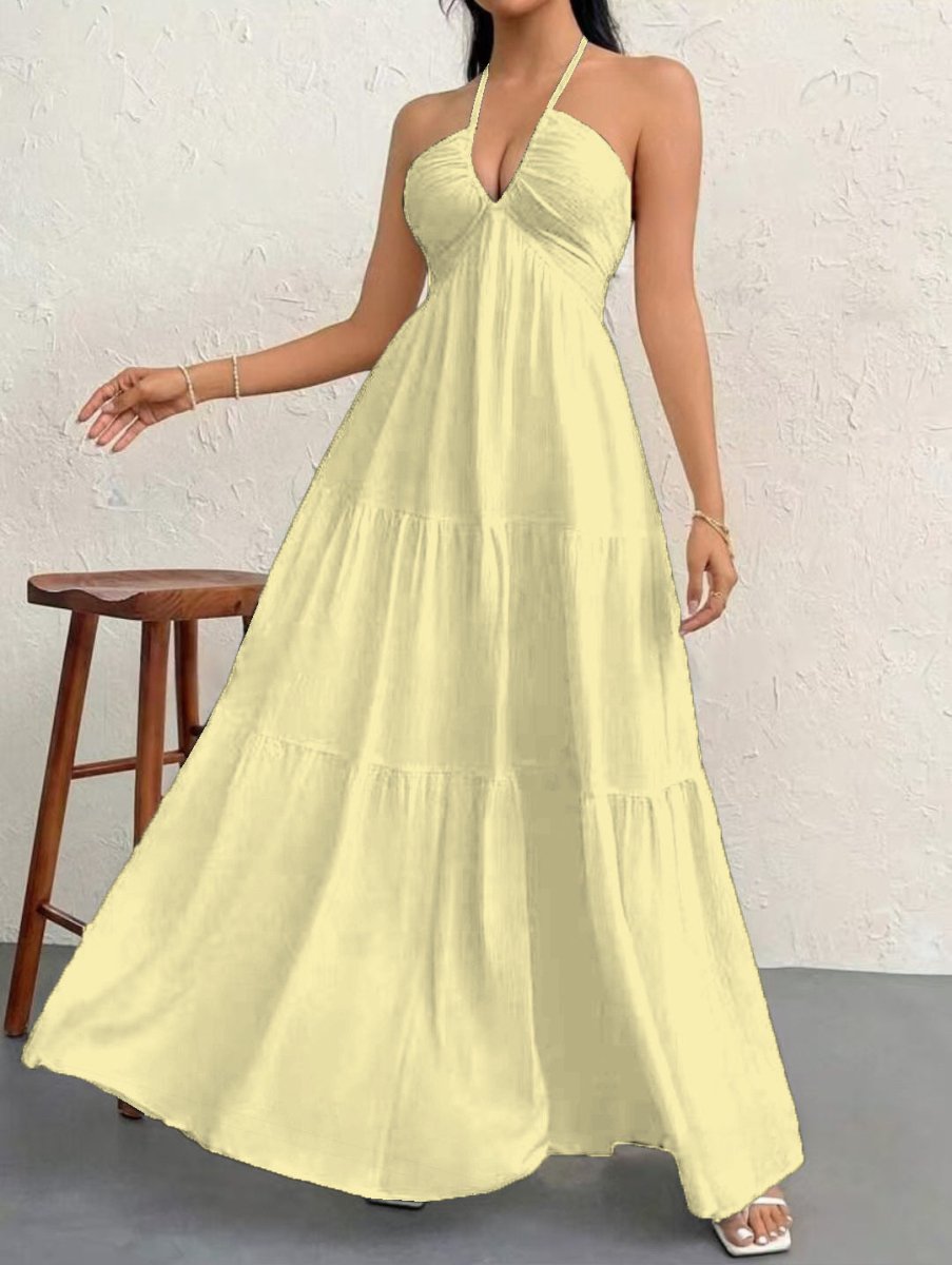 Backless Halterneck V - Neck Pleated A Line Dress Ankle - length Skirt For Beach Vacation Outfits - LUNA