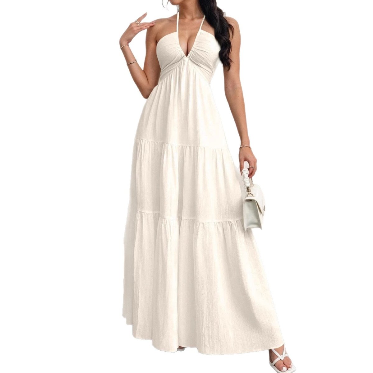 Backless Halterneck V - Neck Pleated A Line Dress Ankle - length Skirt For Beach Vacation Outfits - LUNA