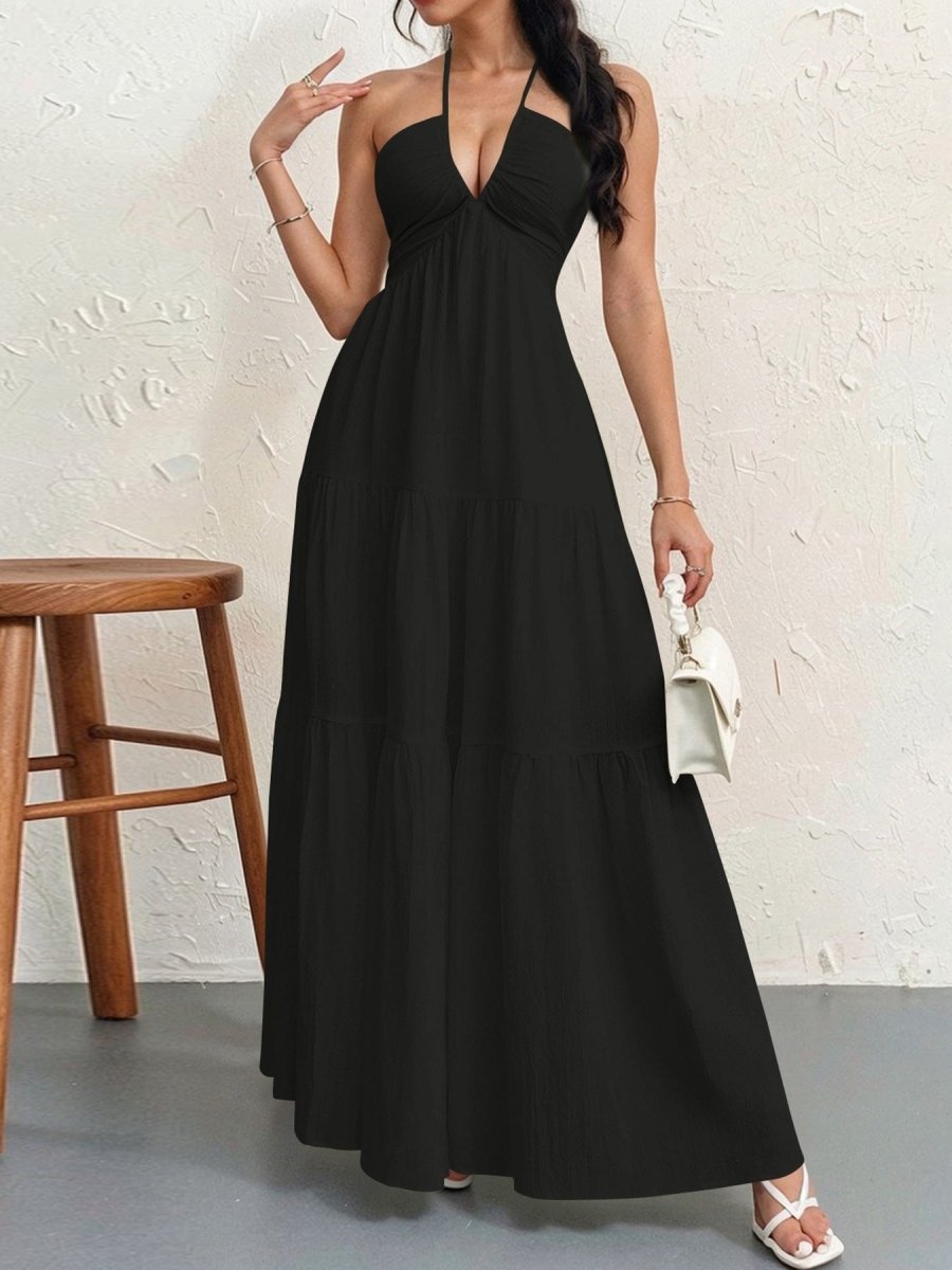 Backless Halterneck V - Neck Pleated A Line Dress Ankle - length Skirt For Beach Vacation Outfits - LUNA
