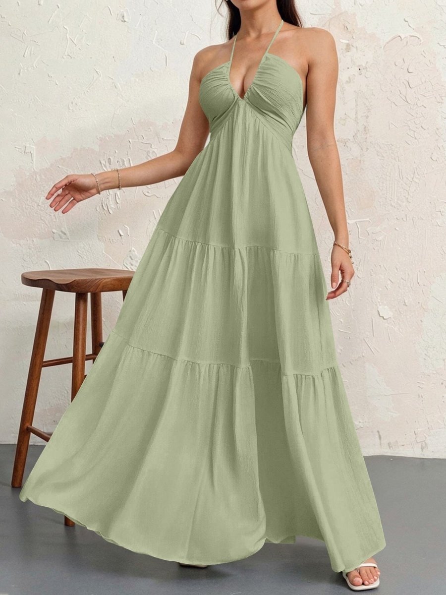 Backless Halterneck V - Neck Pleated A Line Dress Ankle - length Skirt For Beach Vacation Outfits - LUNA