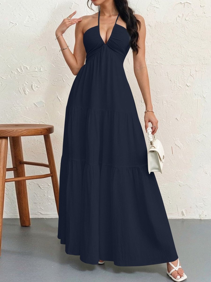 Backless Halterneck V - Neck Pleated A Line Dress Ankle - length Skirt For Beach Vacation Outfits - LUNA