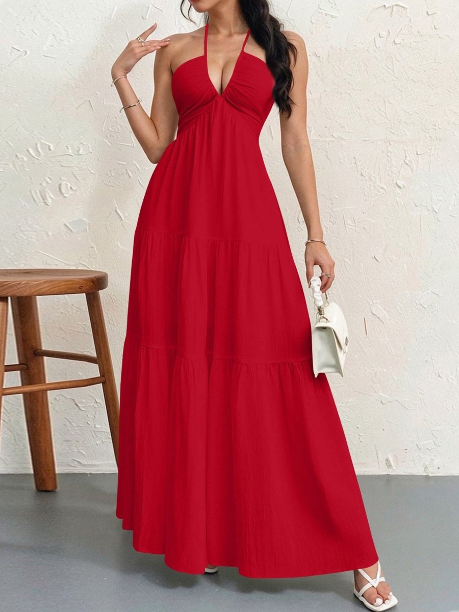 Backless Halterneck V - Neck Pleated A Line Dress Ankle - length Skirt For Beach Vacation Outfits - LUNA
