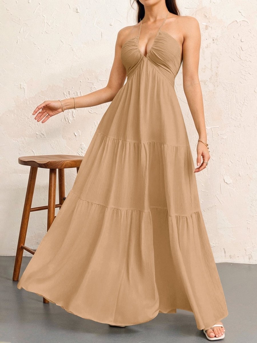 Backless Halterneck V - Neck Pleated A Line Dress Ankle - length Skirt For Beach Vacation Outfits - LUNA