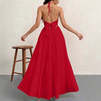 Backless Halterneck V - Neck Pleated A Line Dress Ankle - length Skirt For Beach Vacation Outfits - LUNA
