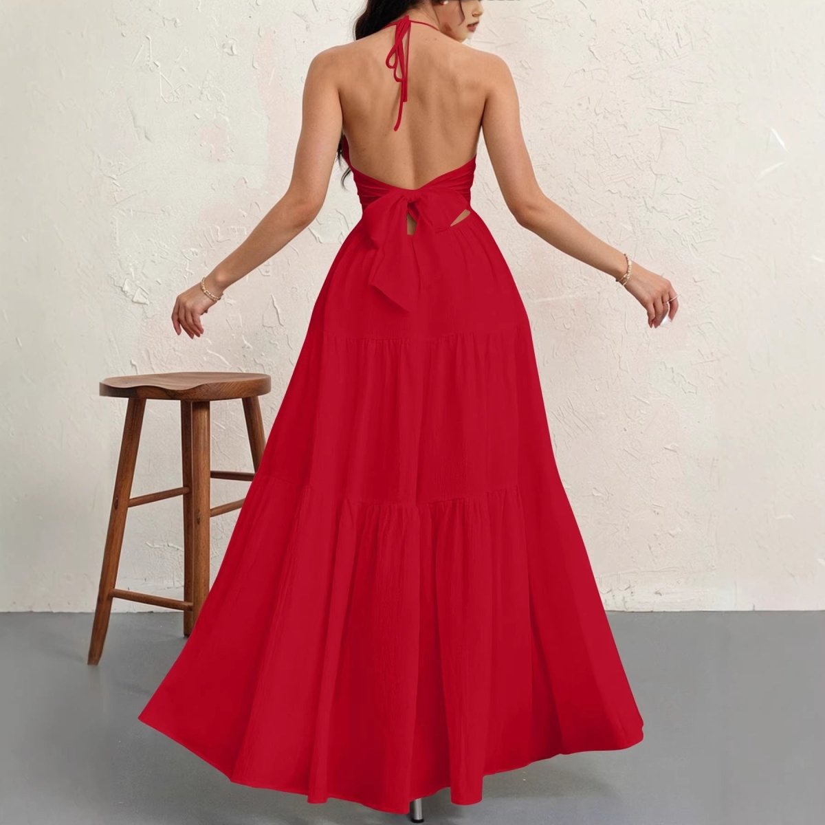 Backless Halterneck V - Neck Pleated A Line Dress Ankle - length Skirt For Beach Vacation Outfits - LUNA