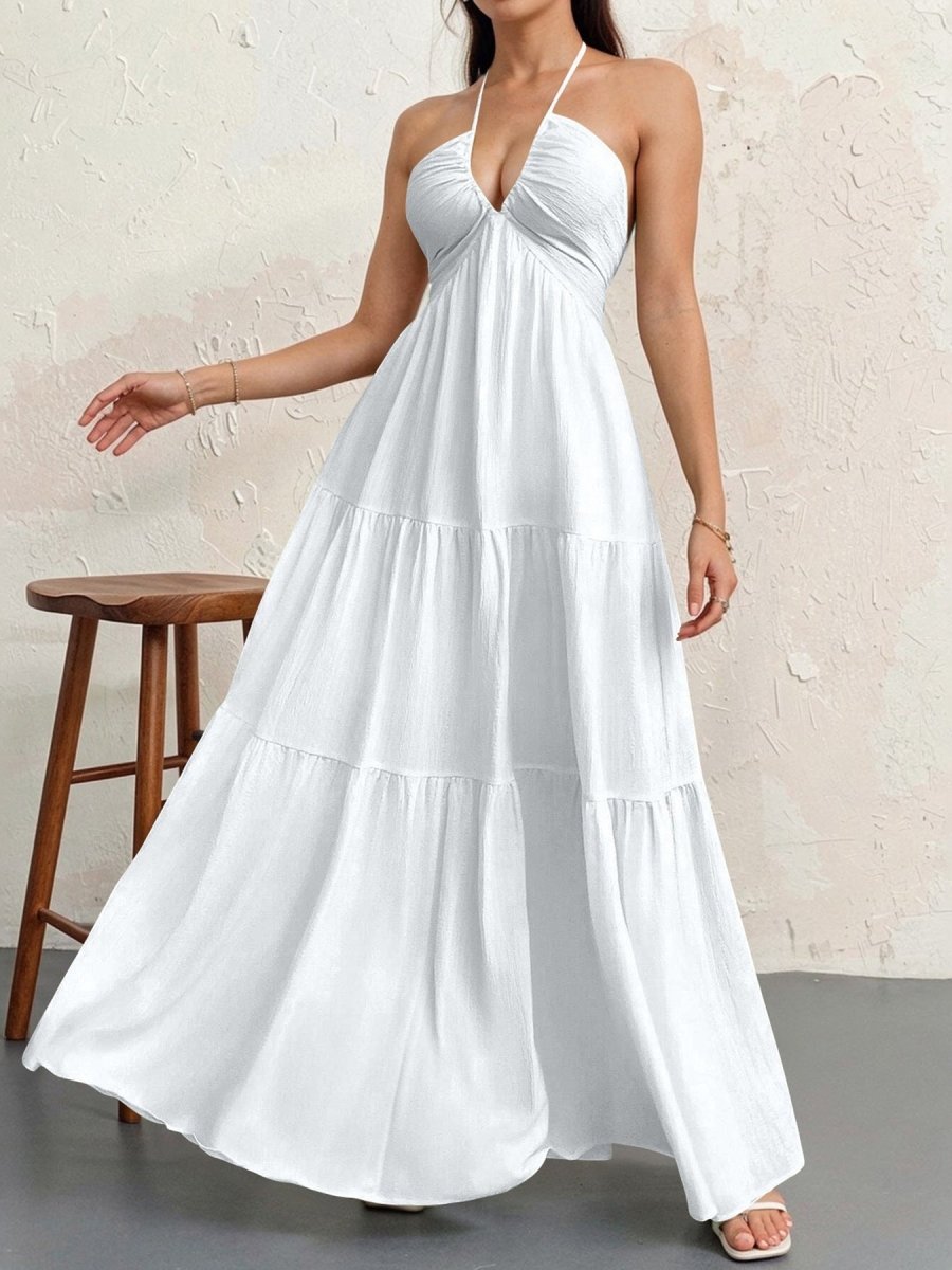 Backless Halterneck V - Neck Pleated A Line Dress Ankle - length Skirt For Beach Vacation Outfits - LUNA