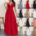 Backless Halterneck V - Neck Pleated A Line Dress Ankle - length Skirt For Beach Vacation Outfits - LUNA
