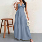 Backless Halterneck V - Neck Pleated A Line Dress Ankle - length Skirt For Beach Vacation Outfits - LUNA