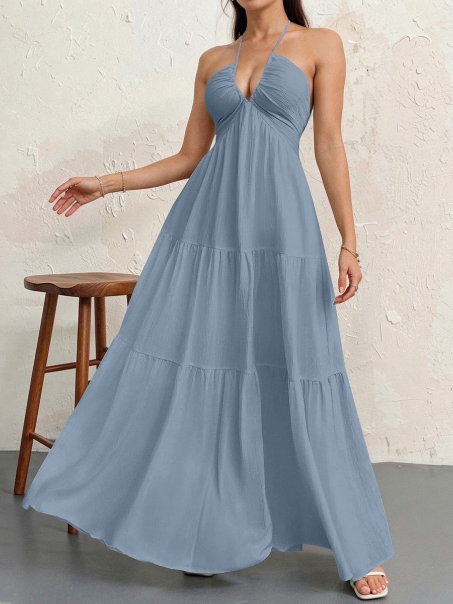 Backless Halterneck V - Neck Pleated A Line Dress Ankle - length Skirt For Beach Vacation Outfits - LUNA