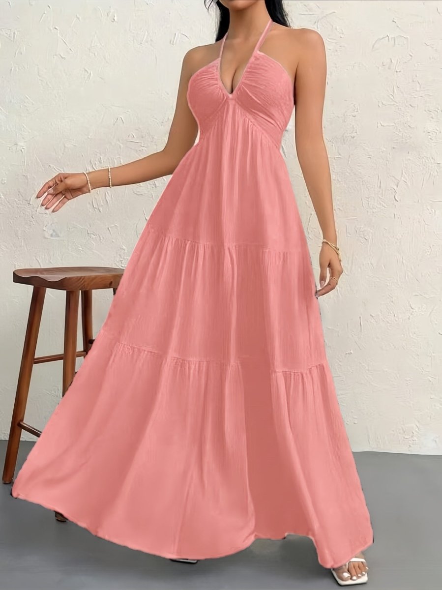 Backless Halterneck V - Neck Pleated A Line Dress Ankle - length Skirt For Beach Vacation Outfits - LUNA