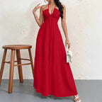 Backless Halterneck V - Neck Pleated A Line Dress Ankle - length Skirt For Beach Vacation Outfits - LUNA