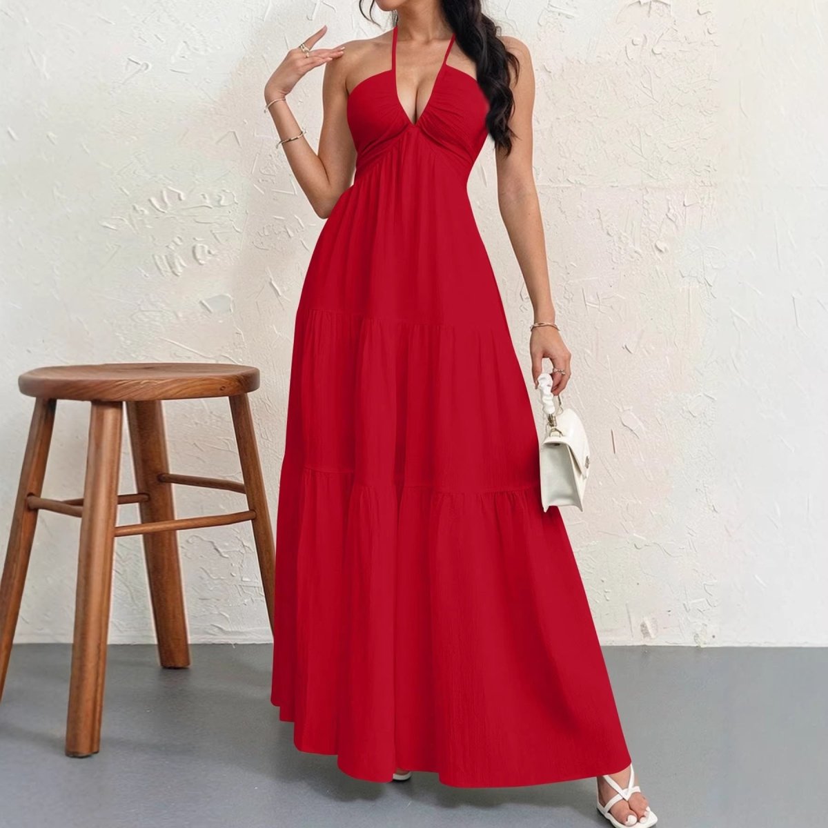 Backless Halterneck V - Neck Pleated A Line Dress Ankle - length Skirt For Beach Vacation Outfits - LUNA