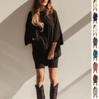 Crewneck Two - Piece Set For Women Summer Casual Oversized Split Hem Shirts & Side Pocket Biker Shorts Minimalist Lounge Wear Soft Viscose Fabric Comfy Homewear Cozy Pjs - LUNA