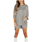 Crewneck Two - Piece Set For Women Summer Casual Oversized Split Hem Shirts & Side Pocket Biker Shorts Minimalist Lounge Wear Soft Viscose Fabric Comfy Homewear Cozy Pjs - LUNA