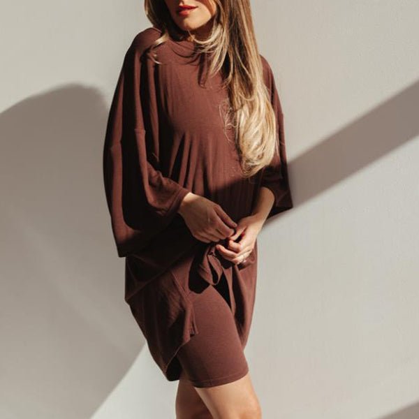 Crewneck Two - Piece Set For Women Summer Casual Oversized Split Hem Shirts & Side Pocket Biker Shorts Minimalist Lounge Wear Soft Viscose Fabric Comfy Homewear Cozy Pjs - LUNA