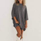 Crewneck Two - Piece Set For Women Summer Casual Oversized Split Hem Shirts & Side Pocket Biker Shorts Minimalist Lounge Wear Soft Viscose Fabric Comfy Homewear Cozy Pjs - LUNA