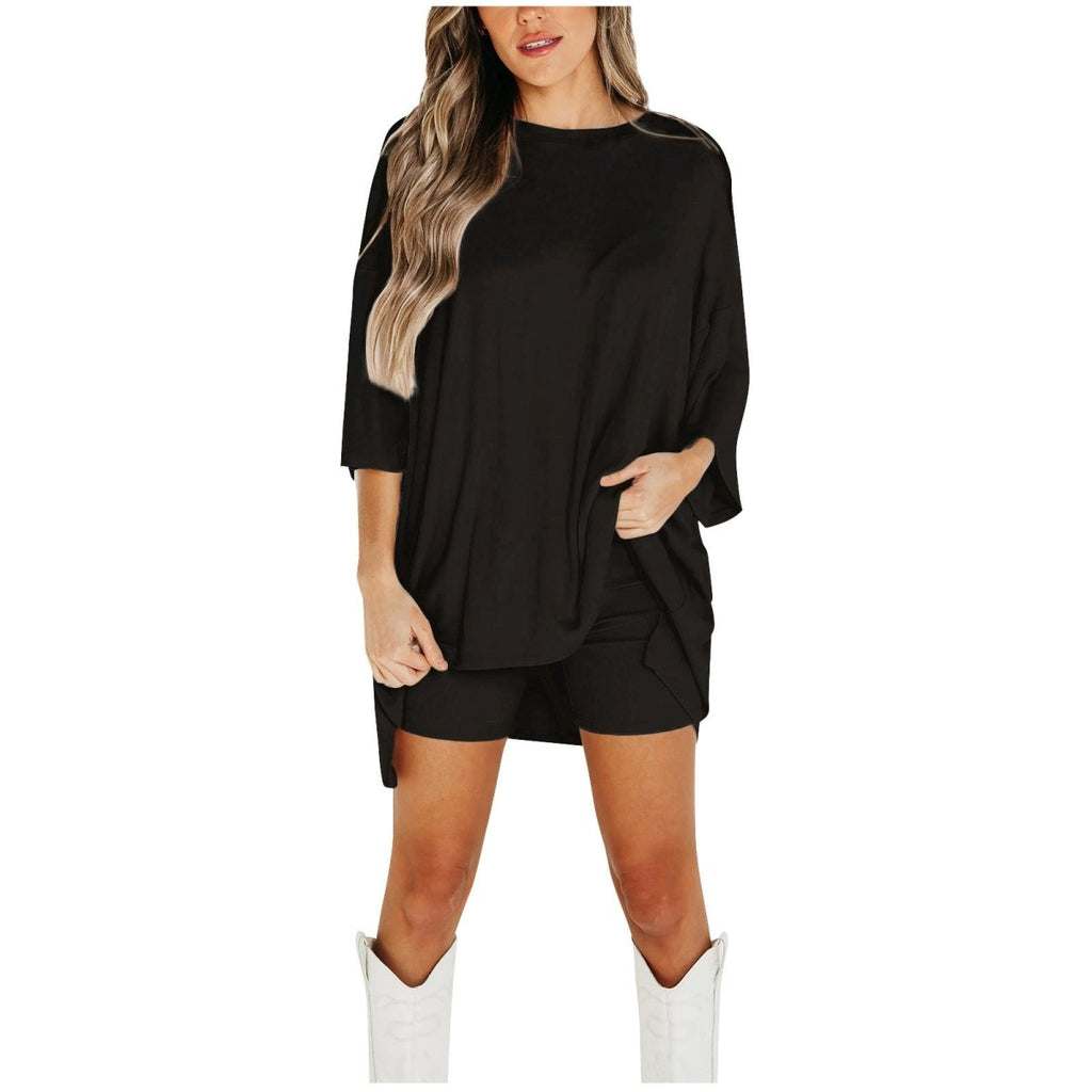 Crewneck Two - Piece Set For Women Summer Casual Oversized Split Hem Shirts & Side Pocket Biker Shorts Minimalist Lounge Wear Soft Viscose Fabric Comfy Homewear Cozy Pjs - LUNA