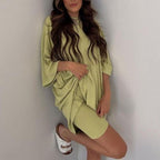 Crewneck Two - Piece Set For Women Summer Casual Oversized Split Hem Shirts & Side Pocket Biker Shorts Minimalist Lounge Wear Soft Viscose Fabric Comfy Homewear Cozy Pjs - LUNA